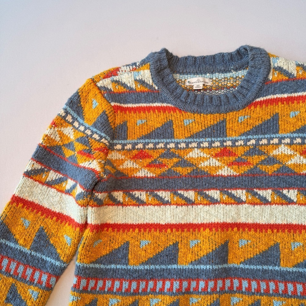 LL Bean Sweater Womens‎ XS Blue Yellow Cotton Fair Isle Southwestern Boho - Picture 2 of 11